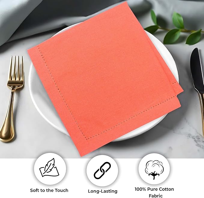 Urban Villa Cloth Napkins Set of 12(20x20 Inches)100% Cotton Hemstitch Napkins Cloth Washable Durable Reusable Absorbent Table Dinner Napkins Cloth for Hotel Lunch Restaurant Weddings Parties - Orange