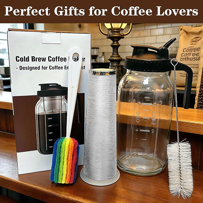 Cold Brew Coffee Maker, 64oz Cold Brew Pitcher with Stainless Steel Filter & Coffee Mat, Glass Cold Brew Mason Jar with Airtight Lid, Cold Brew Brewer Kit Tea Infuser Pitcher, Gifts for Coffee Lovers