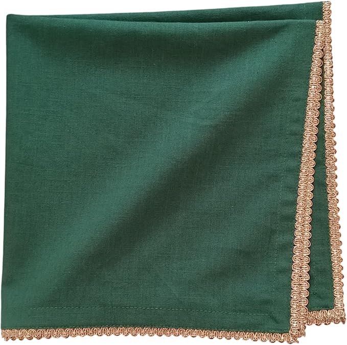 FINGERCRAFT Dinner Cloth Napkin Cotton Blend 12 Pack Mitered Corners with Elegant Golden Lace for Everyday Use Napkins are Pre Shrunk and Good Absorbency Wedding Christmas Special Color Eden Green