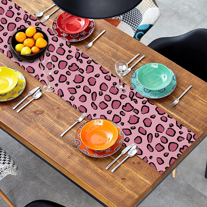 Black Pink Leopard Print Table Runner 72 Inches Long, Animal Style Table Runner Dresser Scarves, Burlap Dining Room Table Decor for Kitchen Farmhouse Indoor Outdoor Home Party