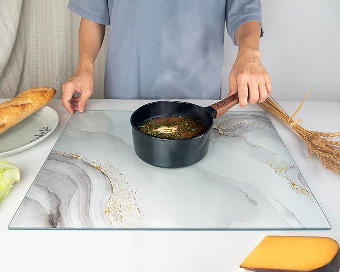 Kitchenville Glass Cutting Board 20”x16”: Tempered Glass Kitchen Counter Protector - Durable- Scratch-Resistant, Heat-Proof - Design 7 - White & Gold