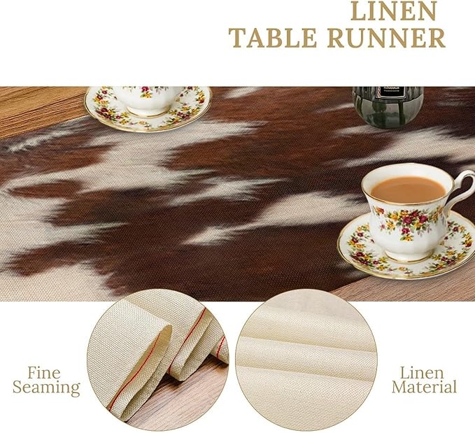 Cow Print Table Runner, Rustic Country Farmhouse Animal Fur Skin Western Farm Brown Cowhide Print Dinner Runner for Home Kitchen Dining Table Decoration 13"x60"