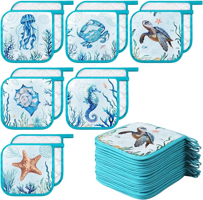 Bencailor 12 Pcs Pot Holders with Pocket Kitchen Hot Potholders Hot Pad Oven Mitts Cookie Bag Oven Gloves for Kitchen Gift Baking Cooking(Blue,Marine Animal)
