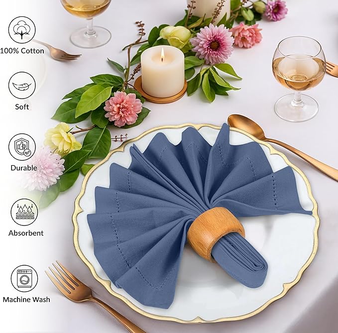 Ruvanti Cloth Napkins Set of 12, 100% Cotton High GSM 18x18 Inches, Hem Stitched Corners, Soft, Washable, Highly Durable & Absorbent, Perfect for Parties, Christmas, Thanksgiving Dinners – Bijou Blue