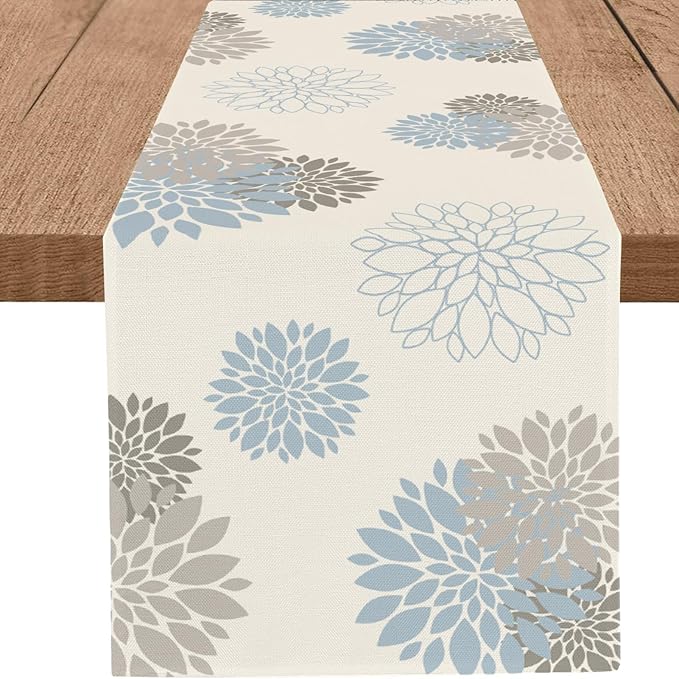 Light Blue Grey Table Runner Wild Dahlia Pinnata Flower Table Runners Modern Elegant Pompon Farmhouse Geometric Table Center Decor for Home Dining Party Entrance Patio (13x36 Inch)