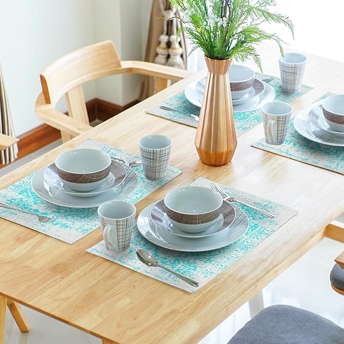 aportt Gray Aqua Turquoise Boho Placemats Set of 6 Ethnic Bohemian Carpet Place Mats Washable Kitchen Dining Vintage Grey Floral Linen Table Mats Stain Heat-Resistant for Home Party Indoor 12x18 in