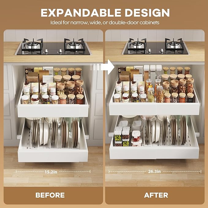 Seinloes 4 Pack Pull out Cabinet Organizer 21" Deep With Raising Pad for Framed Cabinets,Expandable (15.2"-26.3"W) Slide out Drawers for Kitchen Cabinets with 4pcs Divider Racks,Roll out Shelves,White