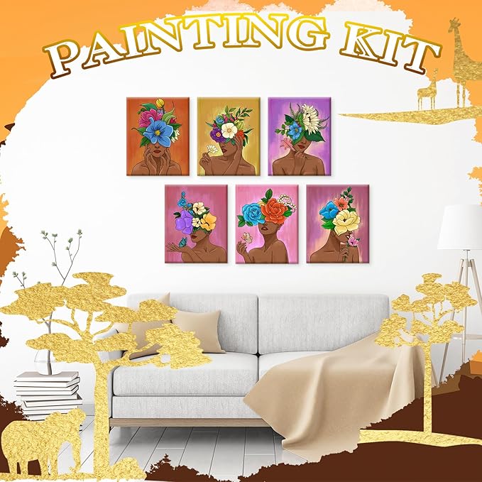 Motipuns 12 Set Pre Drawn Canvas for Painting for Adults Sip and Paint Kit with Easels 8 x 10 Inches Paint Party Kit with Printed Canvas Paints Brushes Palette Bag Apron(Flower Girl)