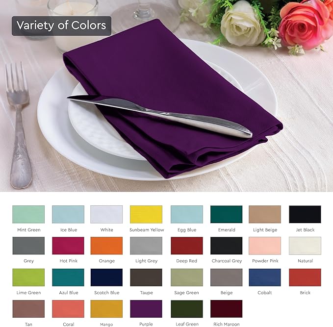 Encasa XO Purple Cloth Napkins Set of 6, 17"x17" | Solid Color Cotton Dinner Napkins | Washable & Reusable Wedding Napkins for Holiday Dinners, Party, & Everyday Table Decor