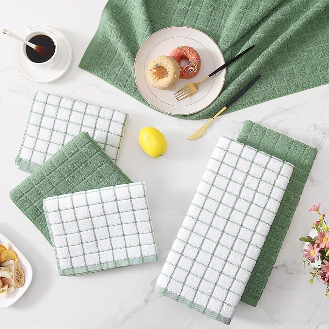 Homaxy Premium Cotton Kitchen Towels 16"x 28", Large Natural Ring Spun 390 GSM Dish Towels, Super Absorbent Terry Kitchen Hand Towels, Soft Tea Towels with Hanging Loop, Grass Green Check, 6 Pack
