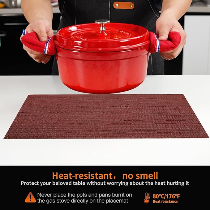 Placemats Set of 6 Washable&Wipeable Place mats for Dining Table Kitchen Indoor Outdoor Table Mats Heat Resistant Non Slip Woven Vinyl Table Placemats (Red，6PCS)