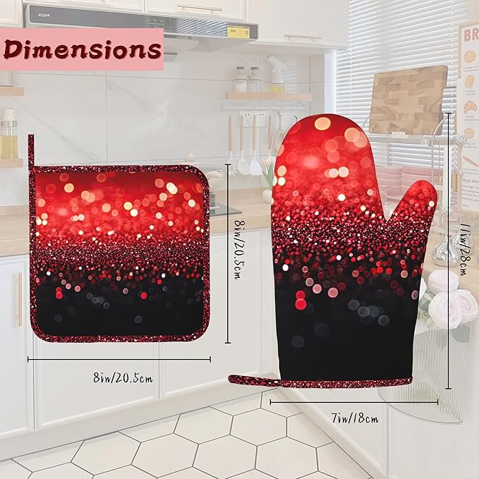 Red Gradient Sparkle Heat-Resistant Silicone Oven Mitts and Pot Holders,Long Oven Gloves with Non-Slip Grip for Cooking, Baking, Grilling,BBQ