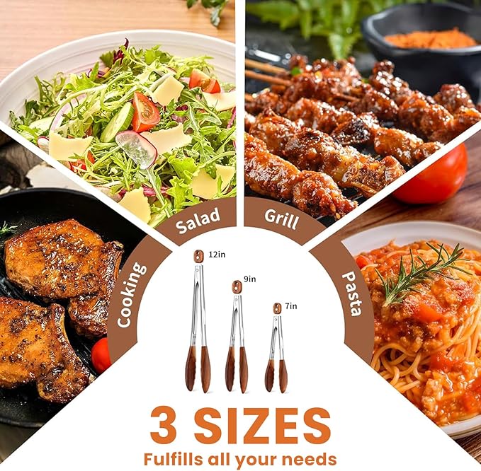 Cooking Set of 6 (3 Natural Walnut Wooden Kitchen Tongs 7",9",12",Self-Adhesive 304 Stainless Steel Hook)【Xhiver】- For Grilling, Serving, BBQ, Salad Tossing | Ergonomic Grip, Heat Resistant, Pull Lock