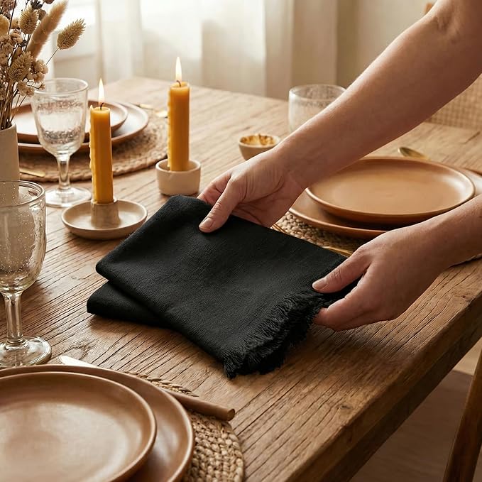 ACCENTHOME Black Cotton Linen Napkin Set of 6 18x18 inch Dinner Napkins - Washable Soft Premium Hotel Quality Reusable Napkins Perfect Table Napkins for Family Dinners, Weddings & Everyday Use