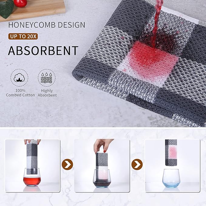 Mordimy 100% Cotton Waffle Weave Kitchen Towels, 13 x 28 Inches, Super Soft and Absorbent Buffalo Check Dish Towels for Drying Dishes, 4-Pack, White & Dark Grey