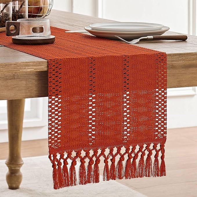ZeeMart Macrame Style Boho Table Runner, Burnt Ochre Fall Table Runners 48 Inches Long, Farmhouse Woven Home Decor, 12x48 Inch, Dark Orange