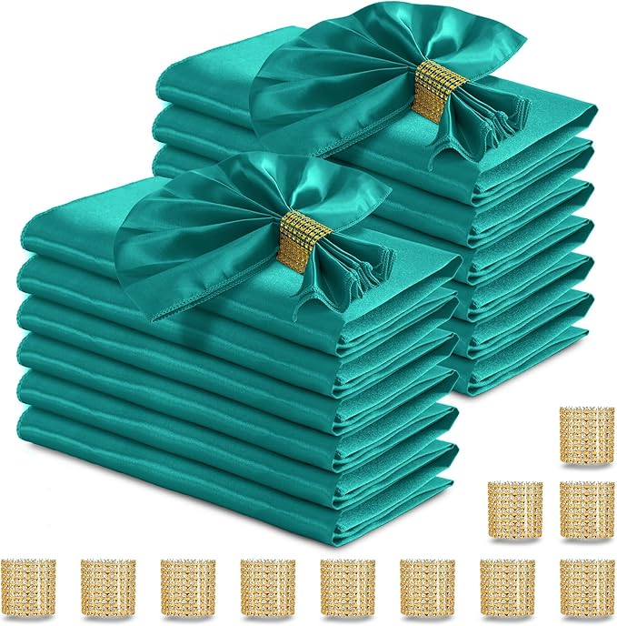RUDONG M 100 Pcs Teal Satin Napkins and Napkin Rings Set, 17 x 17 Inch Square Cloth Napkins Set of 50, Silky Soft Table Napkins Bulk for Weddings, Banquet, Parties Dinner Decoration
