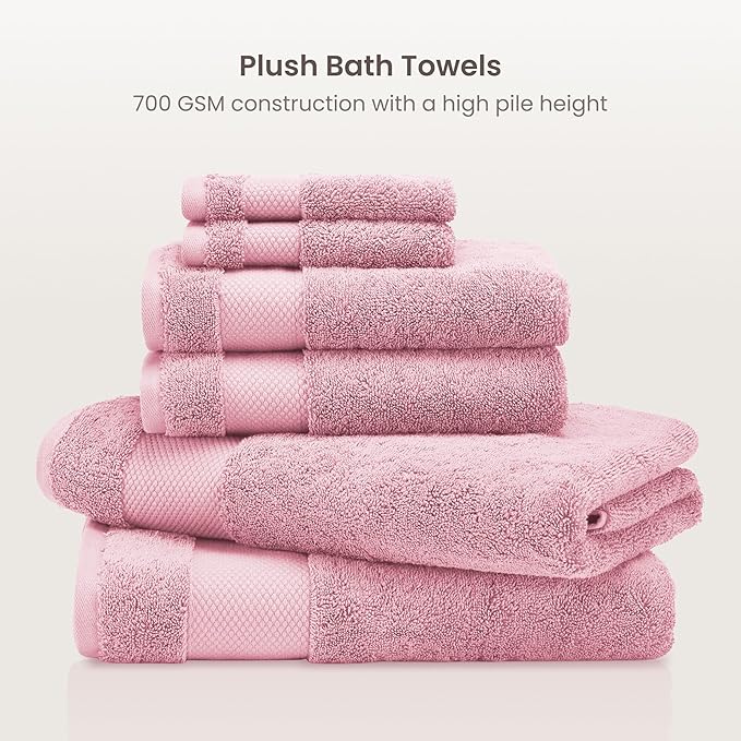 BIOWEAVES 100% Organic Cotton Bath Towel Set | 700 GSM Plush 6-Piece Premium Towel Set GOTS Certified, 2 Bath Towels, 2 Hand Towels & 2 Washcloths - Dusty Pink
