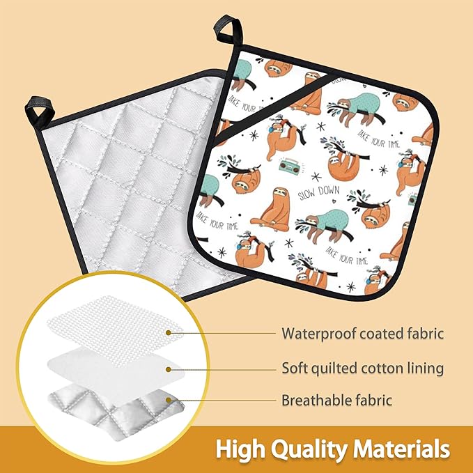 Funny Sloth Pot Holder Set of 2,Heat Resistant Potholders Oven Hot Pads for Kitchen Cooking Baking BBQ