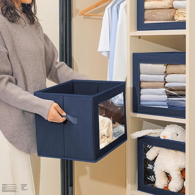 Homsorout Stackable Storage Bins with Lids - Large Storage Box with Lids, Foldable Closet Boxes for Organizing, Wardrobe Clothes Organizer with Window, Cubes Bins for Living Room, 3 Pack, Navy Blue