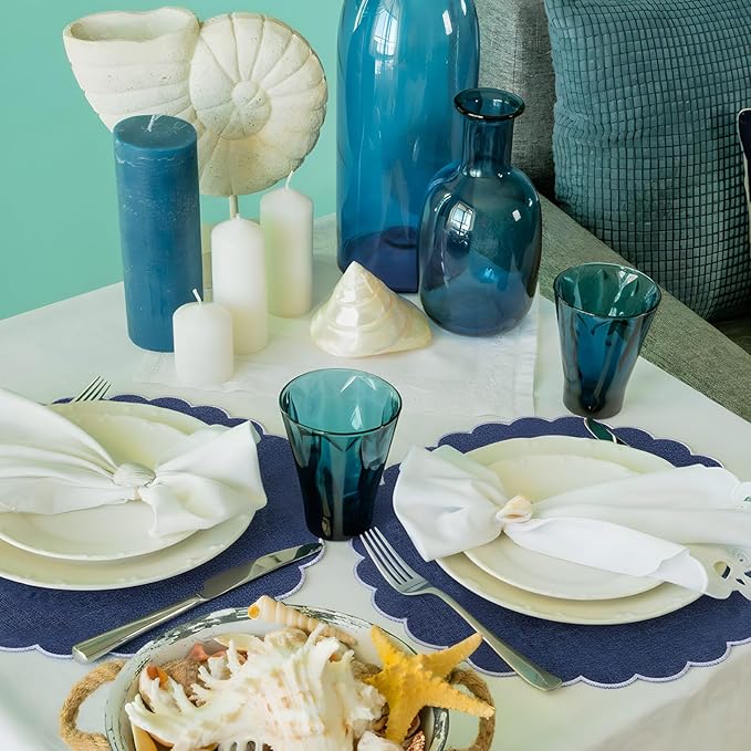 Set of 6 Round Placemats 15 Inch Cotton Scalloped Embroidery Placemat Washable Double Layered Rustic Dinner Table Mat Decor Fabric for Hotel Restaurant Kitchen(Navy Blue/White,Classic)