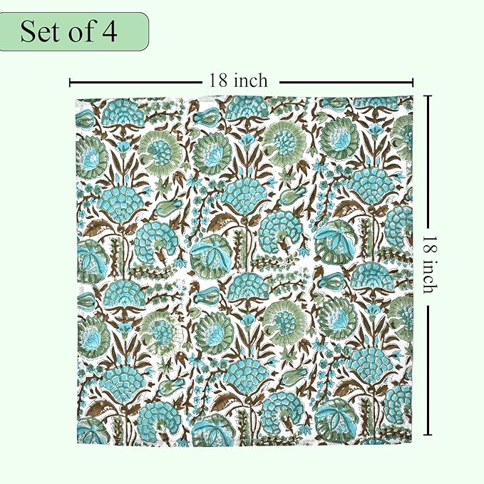 CPC Cloth Napkins Set of 4 Cotton Printed Dinner Hand Print Napkins I Wedding Cocktail Cloth Floral Napkins I 18x18 in I Aqua Green