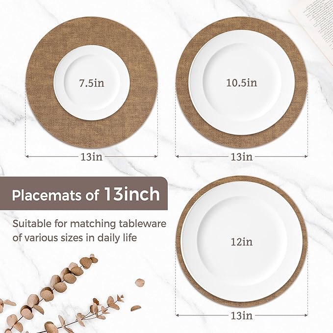 13" Round Placemats Set of 4, Reversible Faux Leather Heat Resistant Table Mats, Waterproof Oilproof Wipeable Table Protective Placemats for Vinyl, Washable for Indoor & Outdoor Use (4, Light Brown)