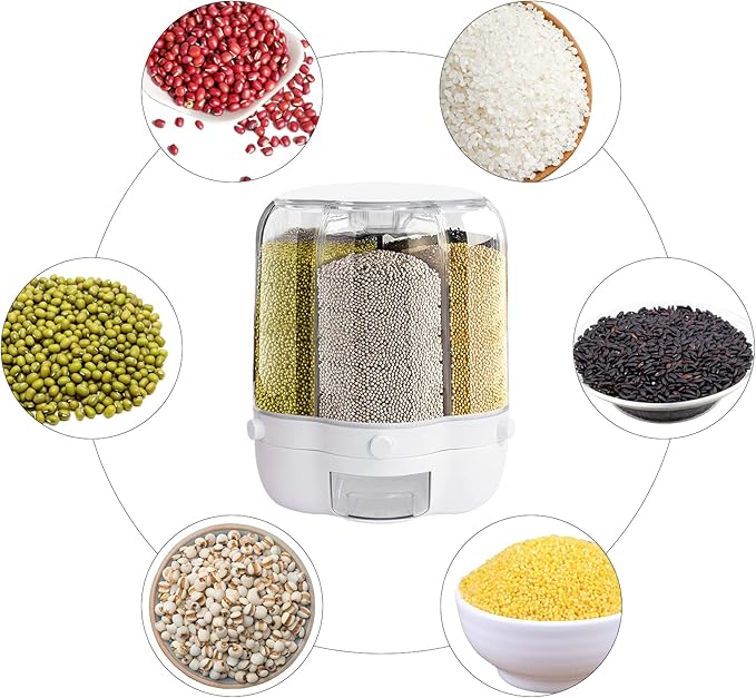 360° Rotating Grain Dispenser with 6 Grids, 27lbs Large Capacity Grain Dispenser Rotating Kitchen Storage Containers With Sealed Lid for Cereals, Oatmeal and Candy