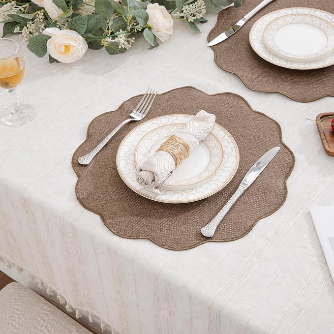 SHACOS Scalloped Round Placemats Set of 6 Polyester Linen Blend 15 inch Washable Non Slip Place Mats Easy Clean Heat Resistant Table Mats for Kitchen Dining Table Decor, Brown