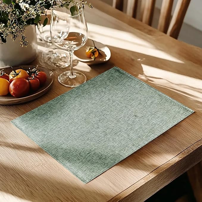 JINCHAN Cloth Placemats Set of 4 Faux Linen Place Mats Burlap Textured Fabric Table Mats Farmhouse Placemats for Dining Home Decor Double Layer Tablemats 13x19 Inch Heathered Green
