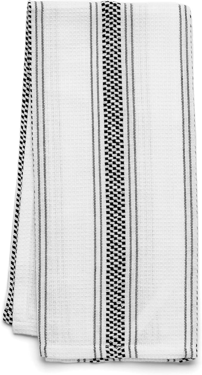 Black Kitchen Towels Set of 6, 100% Cotton Dish Towels, Striped Hand Towel, French Dish Cloths for Washing Dishes, Farmhouse Tea Towels, Absorbent Dish Towel with Hanging Loop, 18 x 28 [Black/White]