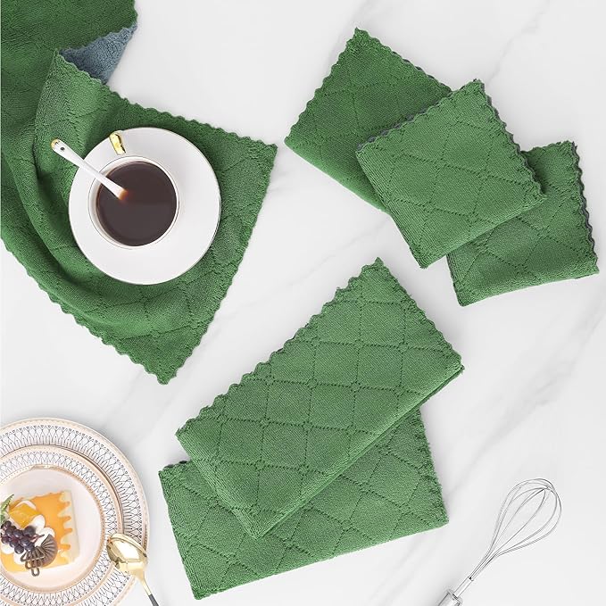 Mordimy 12 Pack Kitchen Cloths Dish Towels (10" x 10", Dark Grey & Grass Green), Super Soft and Absorbent Dish Cloths, Coral Velvet Microfiber Cleaning Cloth, Nonstick Oil Fast Dry Dishcloths