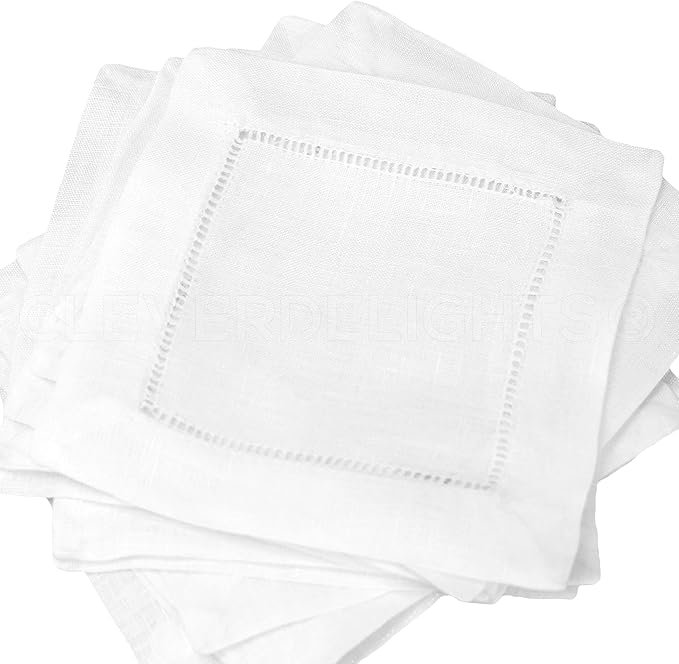CleverDelights White Hemstitch 6" Cocktail Napkins - 12 Pack - 55/45 Linen Cotton Blend