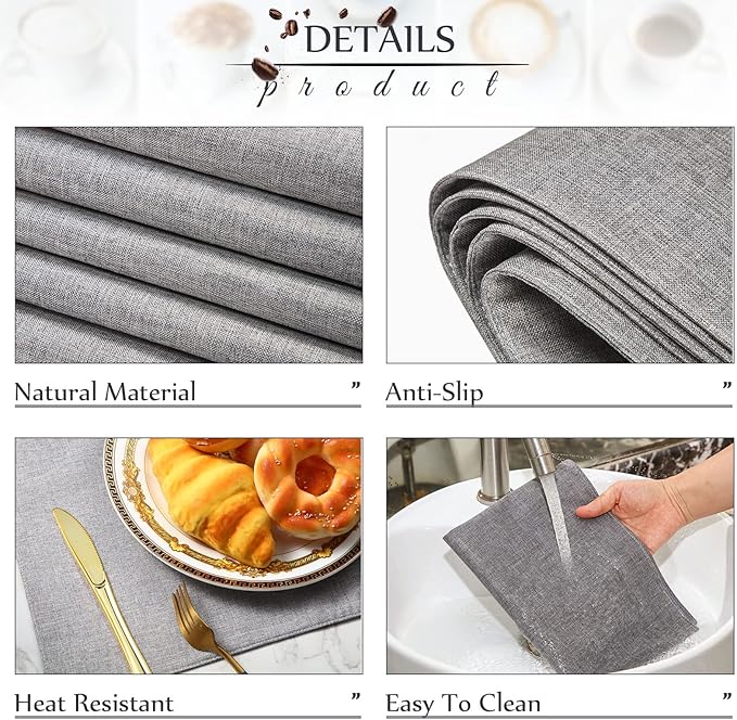 Sieral 12 Set Cloth Placemats Rectangle Dining Table Placemat Bulk 13 x 19 Inch Machine Washable Heat Resistant Cotton Linen Table Mats for Wedding Birthday Party Supplies(Light Grey)
