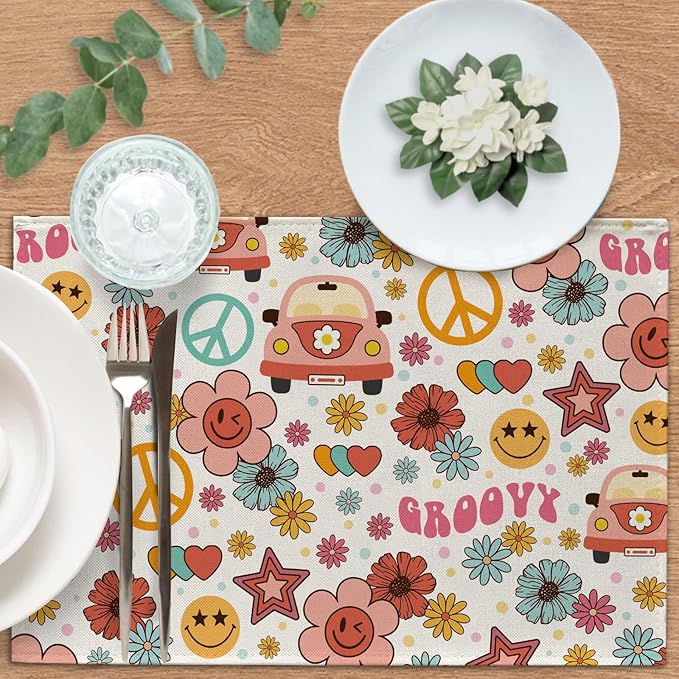 Groovy Hippie Daisy Flower Placemats Set of 4, Vintage Bus Floral Peace Love Hearts Dining Place Mats Table Decor, Retro Smiley Face Home Kitchen Decoration 12''x18''