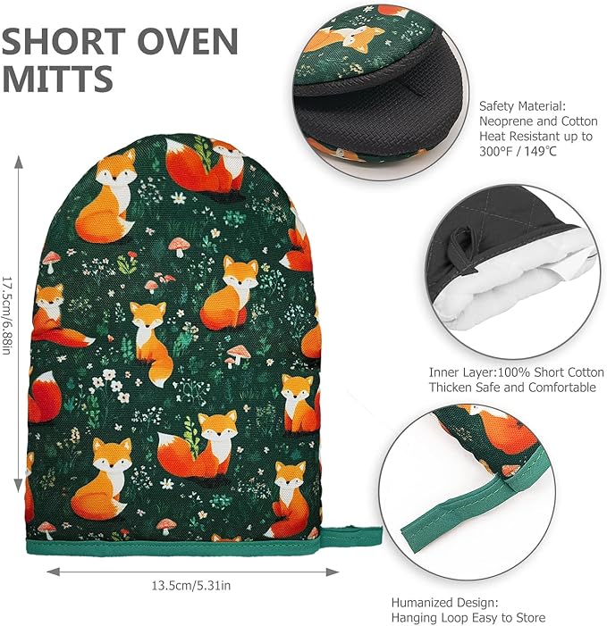 Fox Oven Mitts, High Heat Resistant Kitchen Oven Gloves, Mini Silicone Oven Mitts, Non-Slip Grip Surfaces and Hanging Loop for Grilling, Baking, Cooking and Microwave, Gift