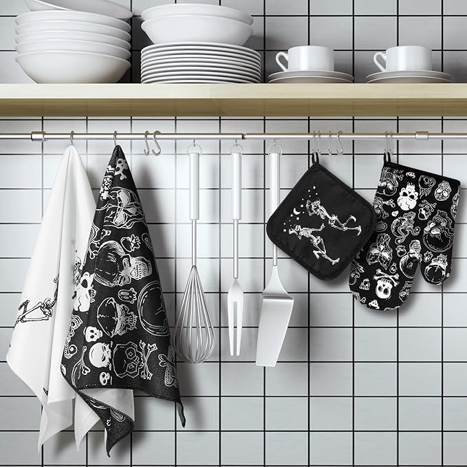 Leinuosen 6 Pcs Skull Kitchen Decor Set Kitchen Towels Gothic Oven Mitts and Pot Holders Skeleton Hand Dish Towels Horror Oven Mitts for Home Decoration Party Gifts (Classic Color,Skull)