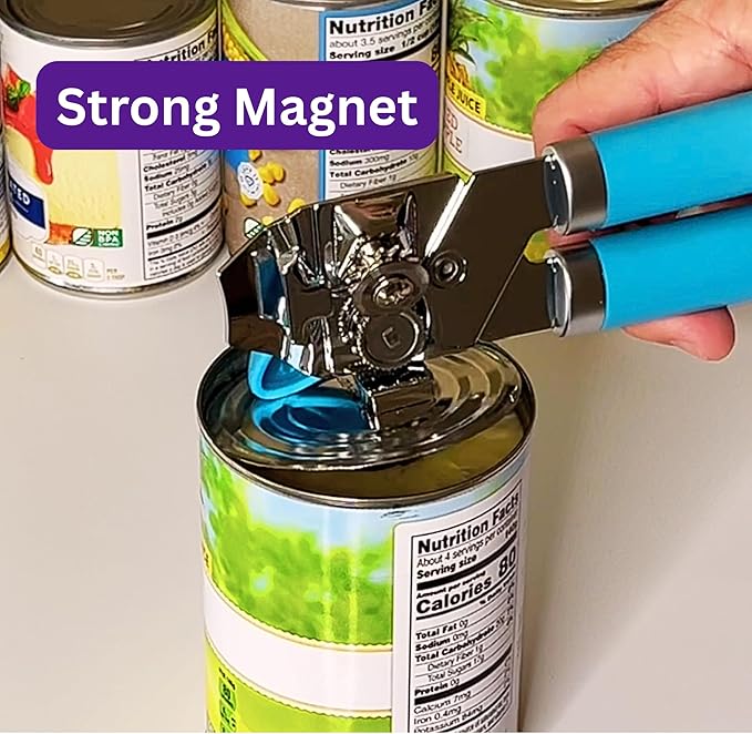 Manual Can Opener for Seniors – Easy-Turn Knob, Cleaner Edge Cutting, Magnetic Lid Lifter, Heavy-Duty Carbon Steel Blade, Ergonomic Comfort Grip – Blue
