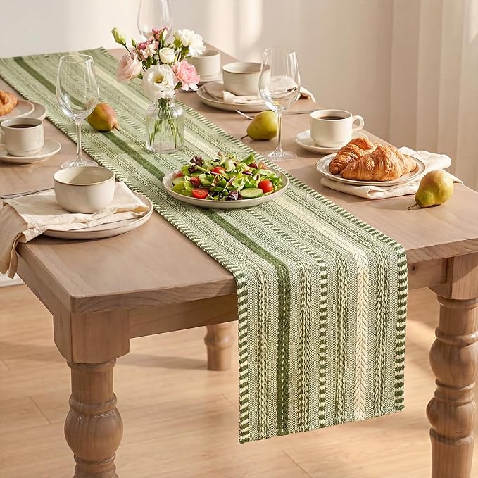 Artoid Mode Army Green Farmhouse Woven Table Runner, Seasonal Holiday Rustic Kitchen Dining Table Decoration for Home Party Decor 12x72 Inch