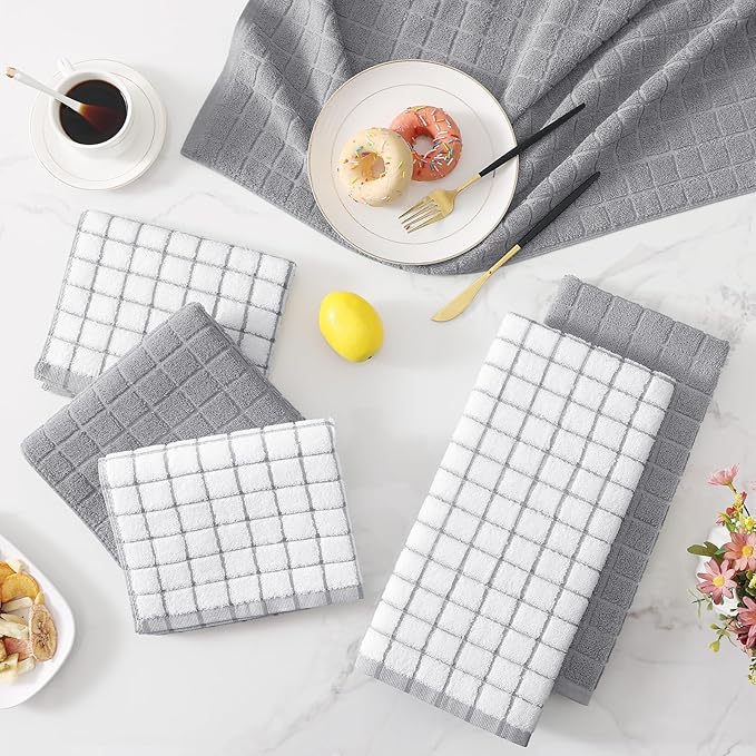 Homaxy Premium Cotton Kitchen Towels 16"x 28", Large Natural Ring Spun 390 GSM Dish Towels, Super Absorbent Terry Kitchen Hand Towels, Soft Tea Towels with Hanging Loop, Light Grey Check, 8 Pack