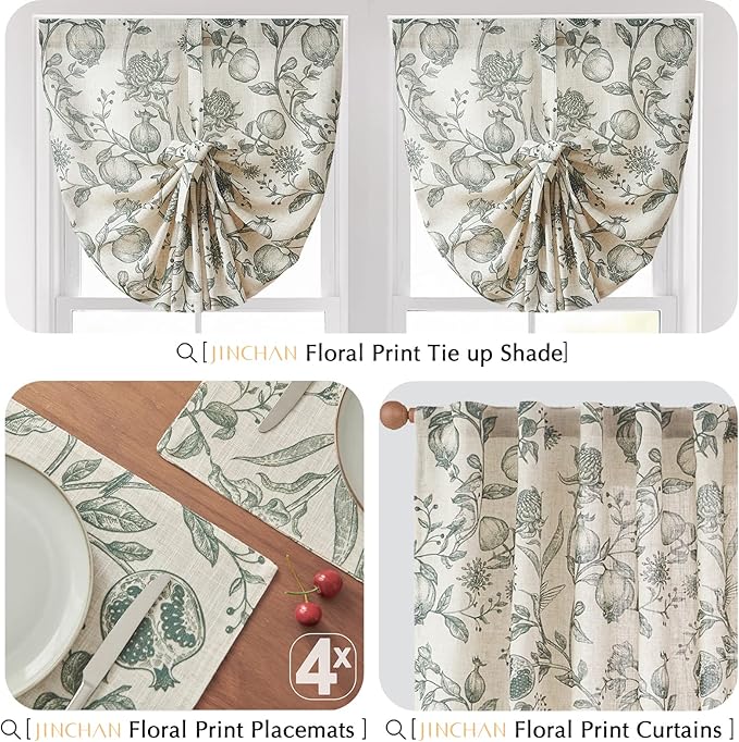 JINCHAN Linen Floral Placemats Set of Cloth Table Mats Rustic Cottagecore Botanical Outdoor Seasonal for Kitchen Dining Decor Heat Resistant Non-Slip Washable Tablemats 13x19 Inch Dark Green