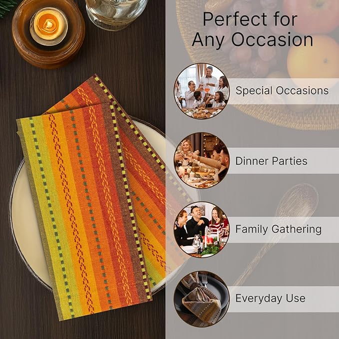 LFH Home Cotton Rich Cloth Salsa Napkin Set of 6 Washable Soft Durable Striped Table Napkins for Dining Wedding, Daily Use Reusable Eco-Friendly Napkins for Elegant Table Settings(18x18)-Orange