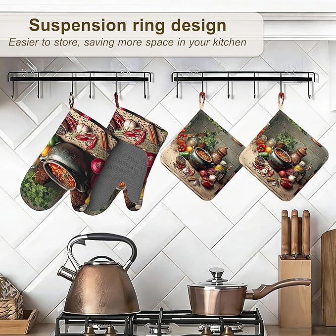Herbs Spices Seasonings Oven Mitts and Pot Holders Set of 4, Heat Resistant Non Slip Kitchen Gloves Hot Pads,Chef Cooking Baking Gifts for Women Bakers,Kitchen Gifts for Cooking Lover Cooks