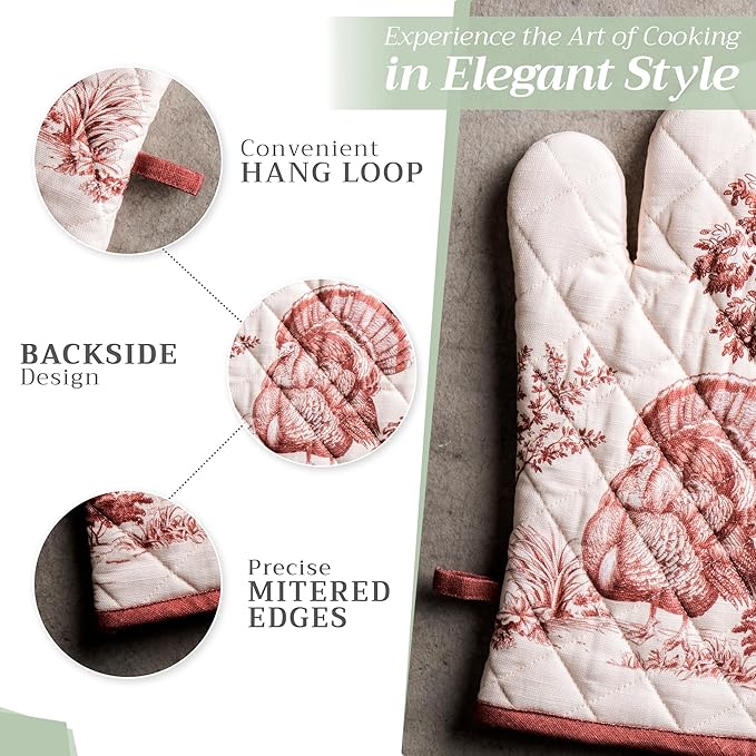 Maison d' Hermine Oven Gloves 100% Cotton Oven Mitt 7" x 13" with Loop Heat Resistant BBQ Cooking Gloves for Thanksgiving Christmas Decorations Baking Handling Hot Pans (Pack of 1, Holy Jouy - Brown)