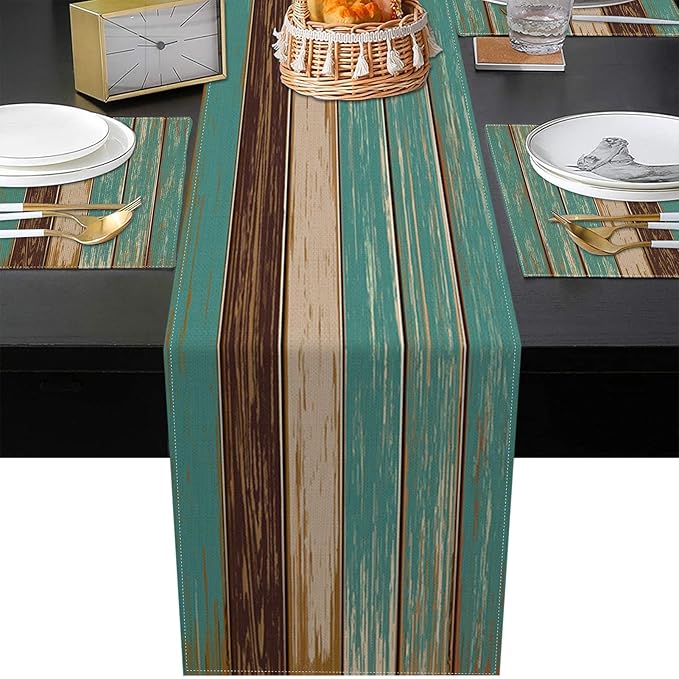 ArtSocket Farmhouse Table Runner and Placemats Set of 6, Blue Teal Green Board Painting Art Dining Decor for Daily Use(1 Table Runner 72 inches Long and 6 Placemats)