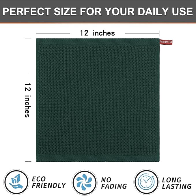 Kitinjoy 100% Cotton Kitchen Dish Cloths (12 X 12 Inches, Blackish Green), 6 Pack Waffle Weave Ultra Soft Absorbent Dish Towels for Drying Dishes Quick Drying Kitchen Towels Dish Rags