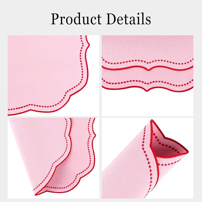 Cotton Linen Placemats Set of 4 - Double Layered, Luxury Scalloped Embroidered Cloth Table mats - Holidays, Christmas, Washable Mat, 16 x 13 inch (Pink)