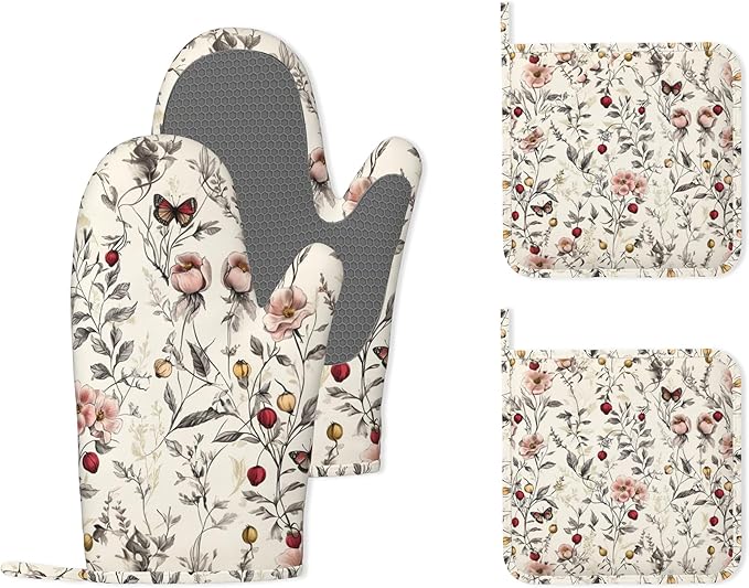 Retro Pink Floral Butterfly Heat-Resistant Silicone Oven Mitts and Pot Holders,Long Oven Gloves with Non-Slip Grip for Cooking, Baking, Grilling,BBQ