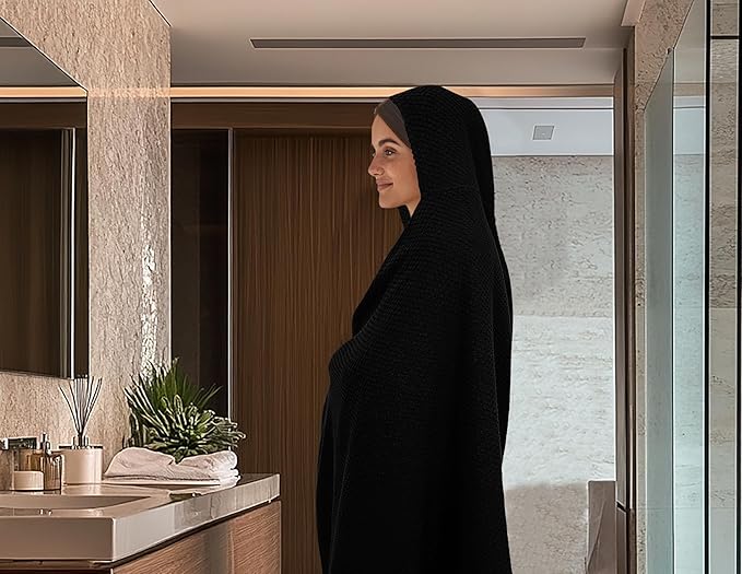 COTTON CRAFT Hooded Bath Towel – Oversized 35 x 70 Waffle Weave Towel with Hood for Adults - 100% Ringspun Cotton Pool Bath Sheet Wrap with Hood - Soft Super Absorbent Quick Dry – 450 GSM – Black