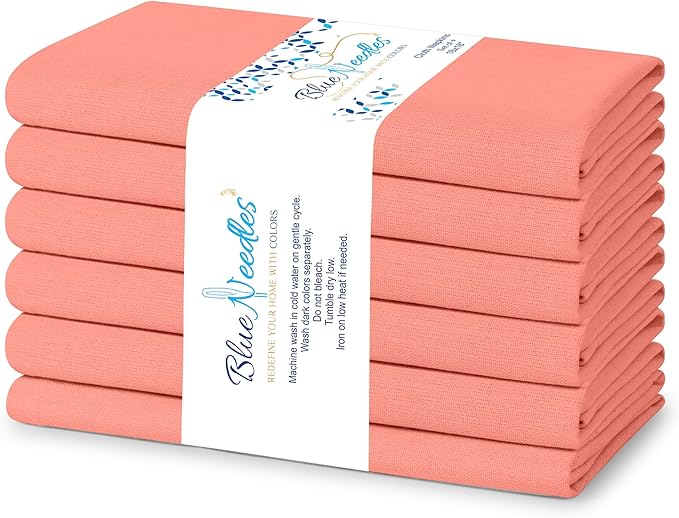 Blue Needles Solid Cloth Napkins Set of 6 Salmon 100% Cotton Dinner Napkins 18x18 inches - Spring Summer Easter - Soft, Reusable, Absorbent & Washable Linen, Ideal for Events Parties & Everyday Use